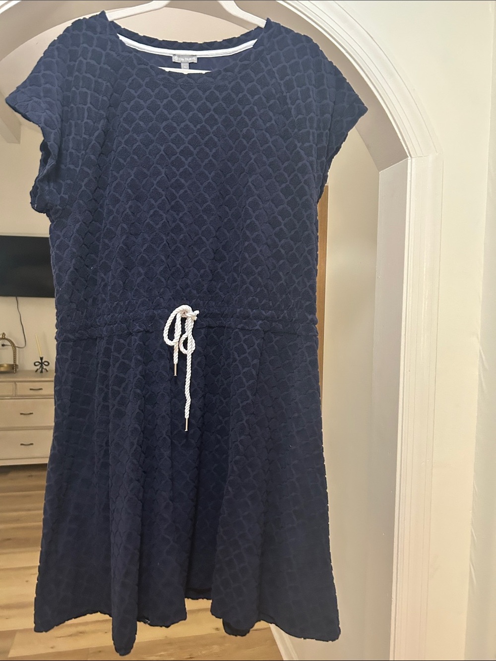 T by Talbots Navy Textured Drawstring Waist Women's Dress